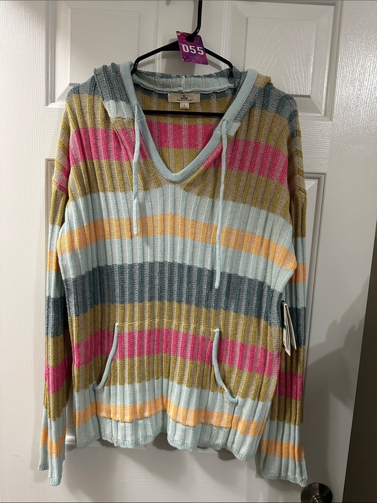 Rip Curl Sweaters - Rip Curl Striped V-Neck Hoodie Sweater in Mint, Pink & Mustard